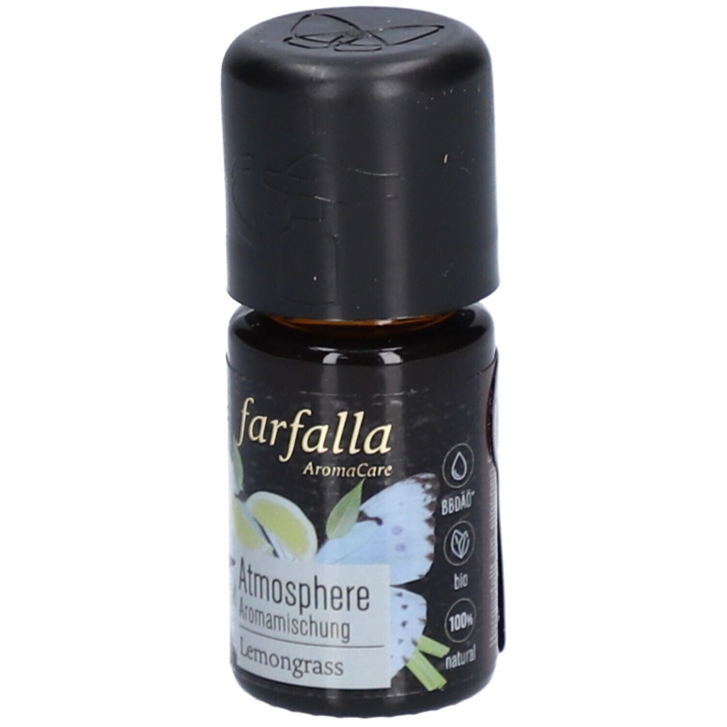 Braune Glasflasche mit schwarzem Deckel. Aufschrift: farfalla AromaCare Atmosphere Aromamischung Lemongrass. Bio-Siegel.
