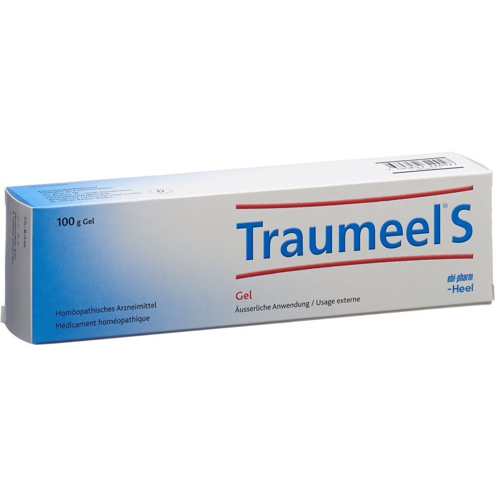 Weiße Schachtel mit blauem Akzent. Aufschrift: Traumeel'S Gel. 100 g Gel. Homöopathisches Arzneimittel. Äußerliche Anwendung.