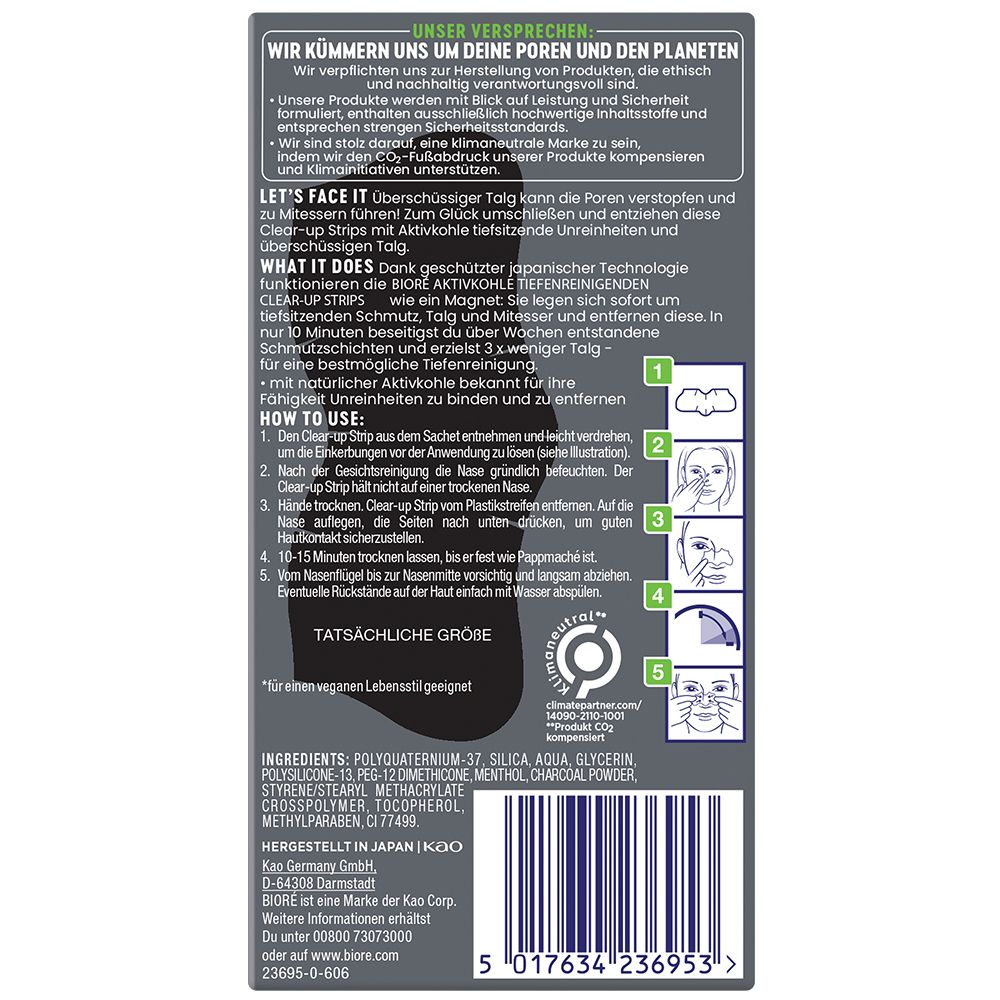 Rückseite der Verpackung von Biore Oil Control Clear-Up Strips. Enthält Informationen zu Inhaltsstoffen, Anwendung und Hersteller.