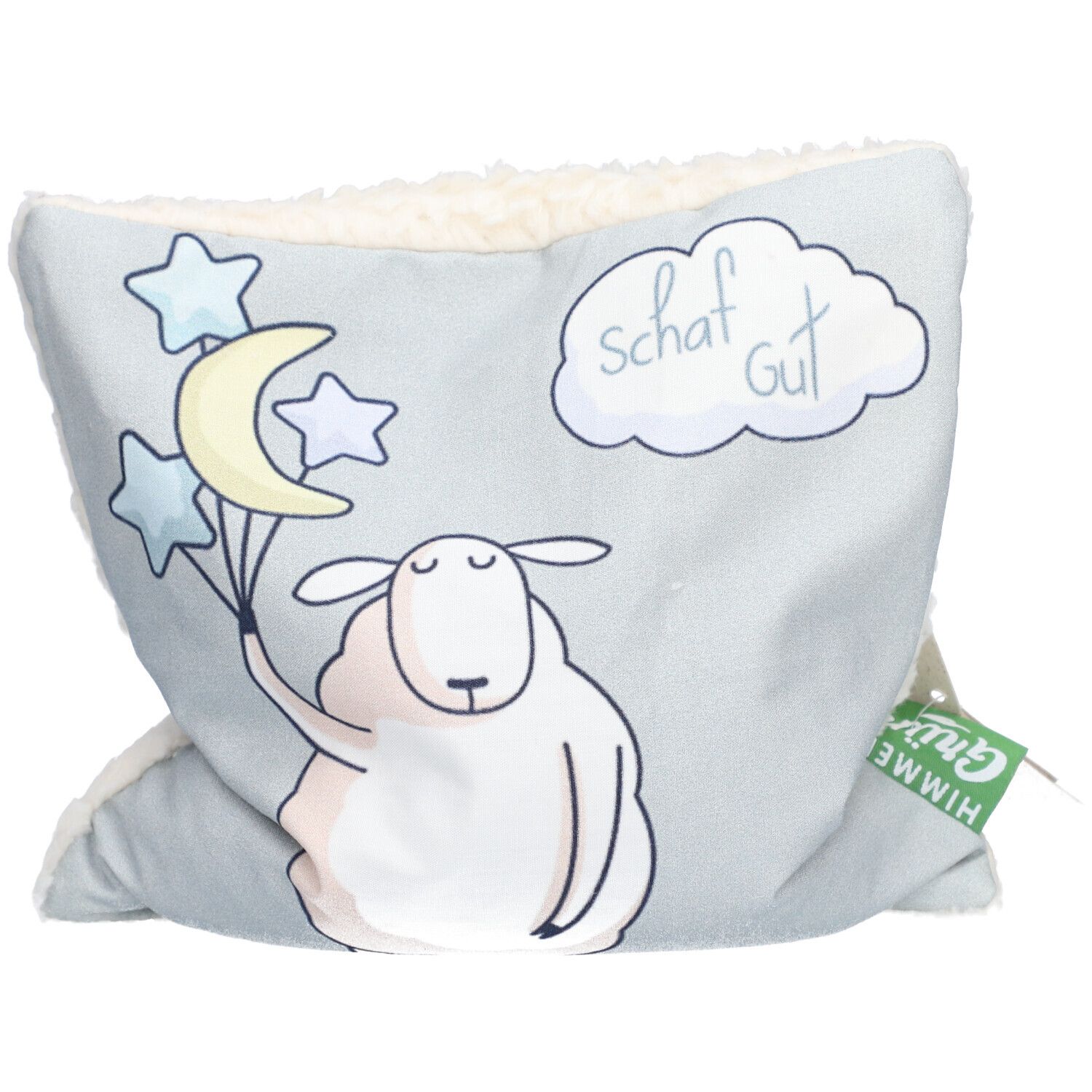 Kissen mit Schaf-Illustration, Mond und Sternen. Hellblauer Stoff, weißes Innenfutter. Aufschrift: schaf Gut. Grünem Etikett: HIMMELGRÜN.