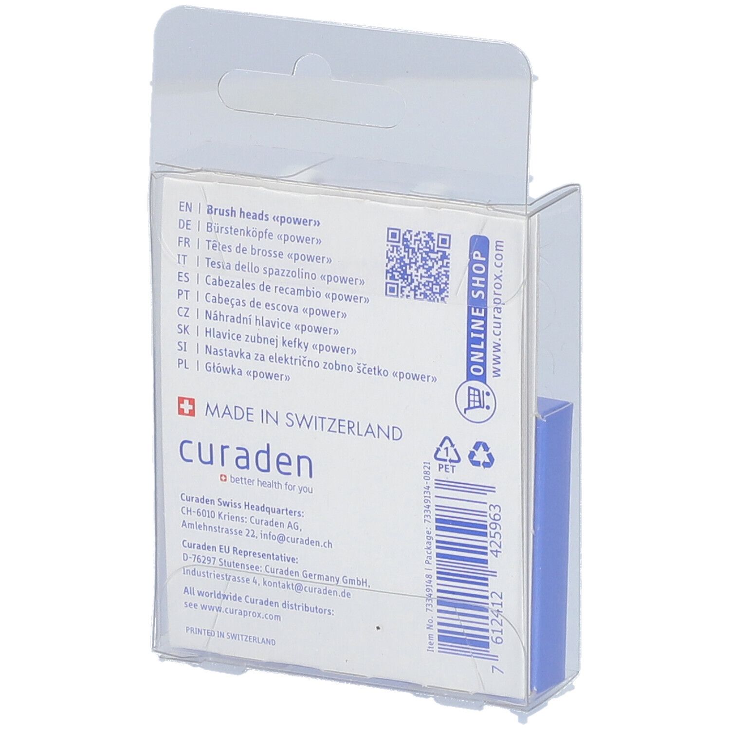 Rückseite der Verpackung mit Text. Enthält Informationen zu Bürstenköpfen, QR-Code und Logo 'Made in Switzerland'.