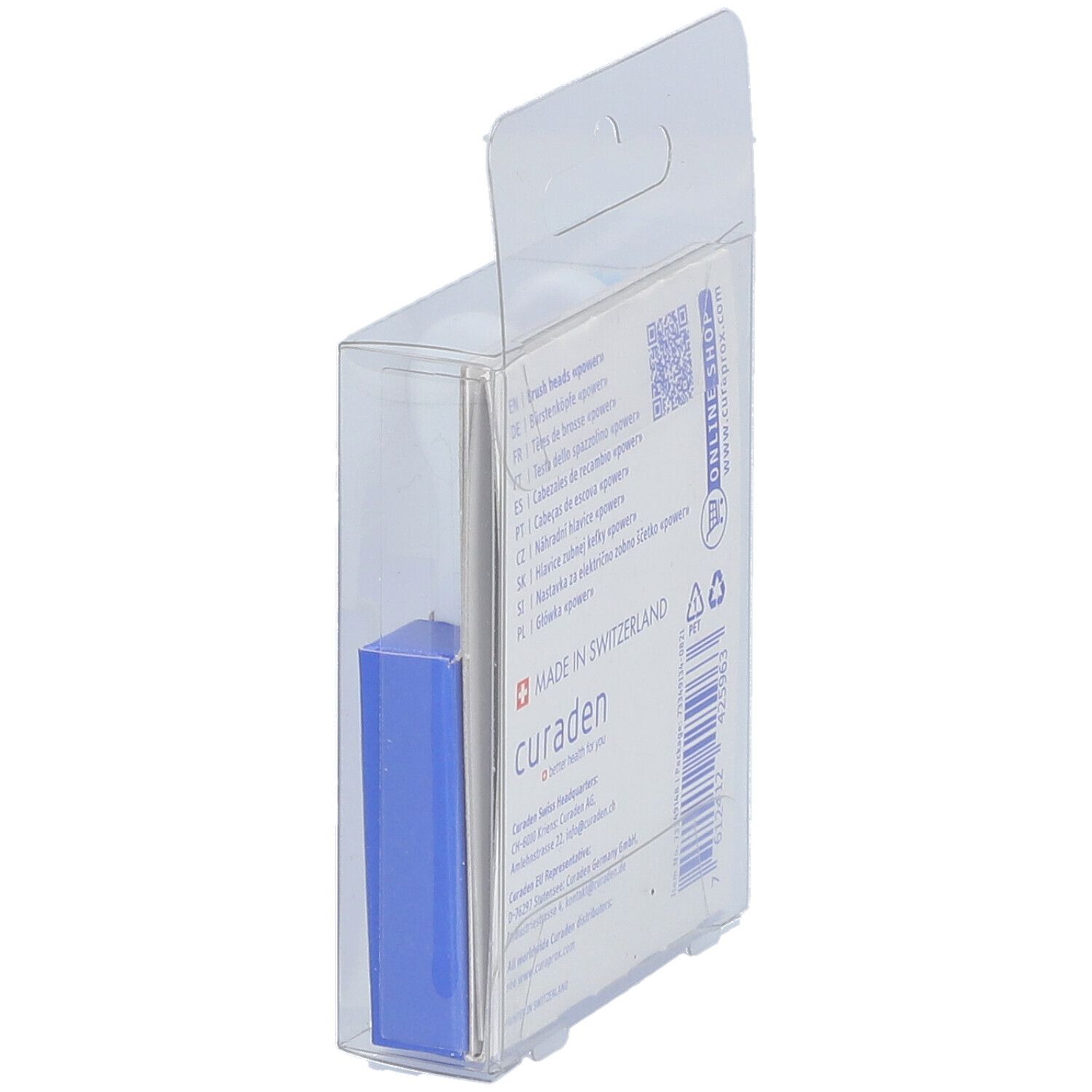 Blaue Halterung in transparenter Verpackung. Rückseite mit Text und Logo 'Made in Switzerland'.