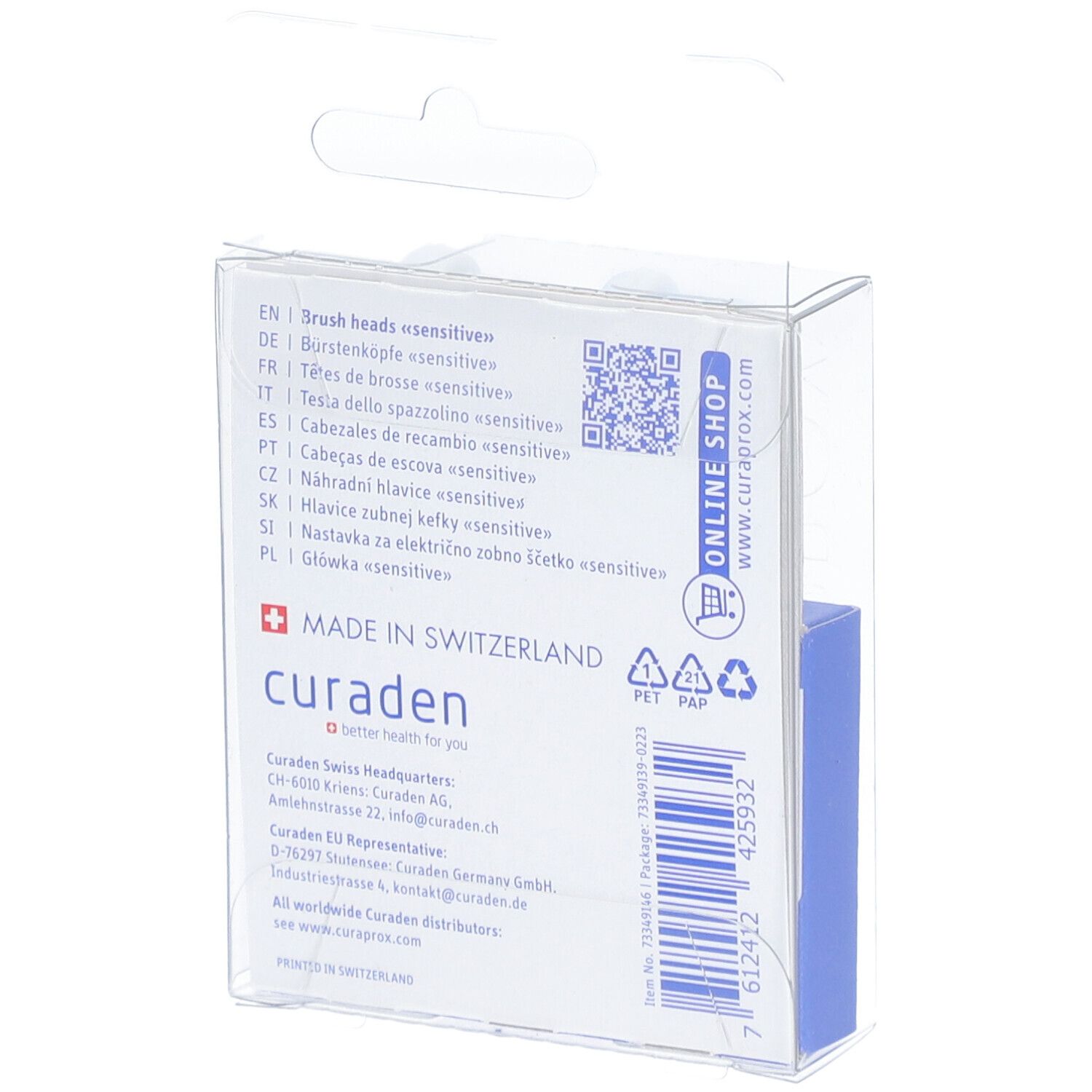 Rückseite der Verpackung mit Text. Enthält Informationen zu Bürstenköpfen, Herstelleradresse, QR-Code und Recycling-Symbolen.