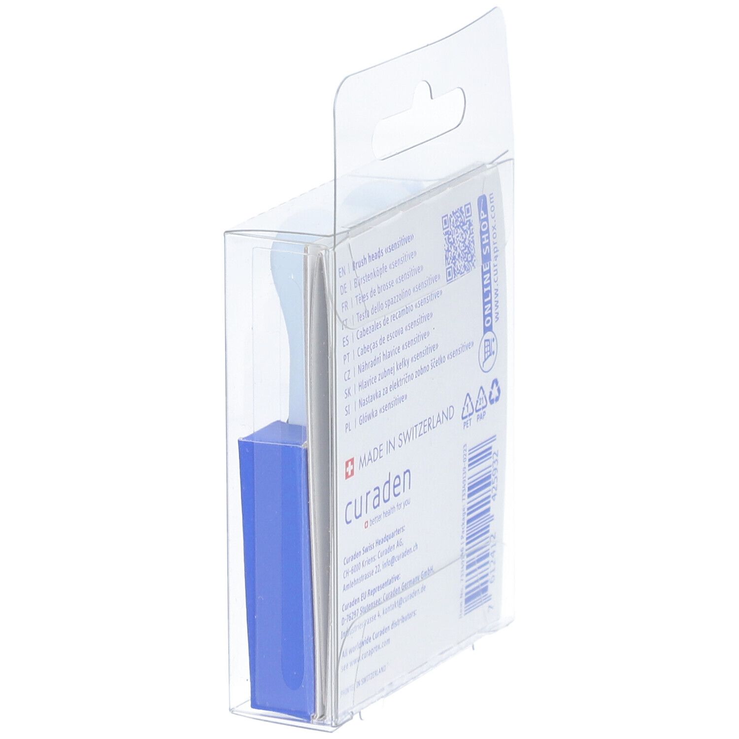 Verpackung mit Text und Recycling-Symbolen. Blaue Halterung sichtbar. Transparente Verpackung mit Aufhängevorrichtung.