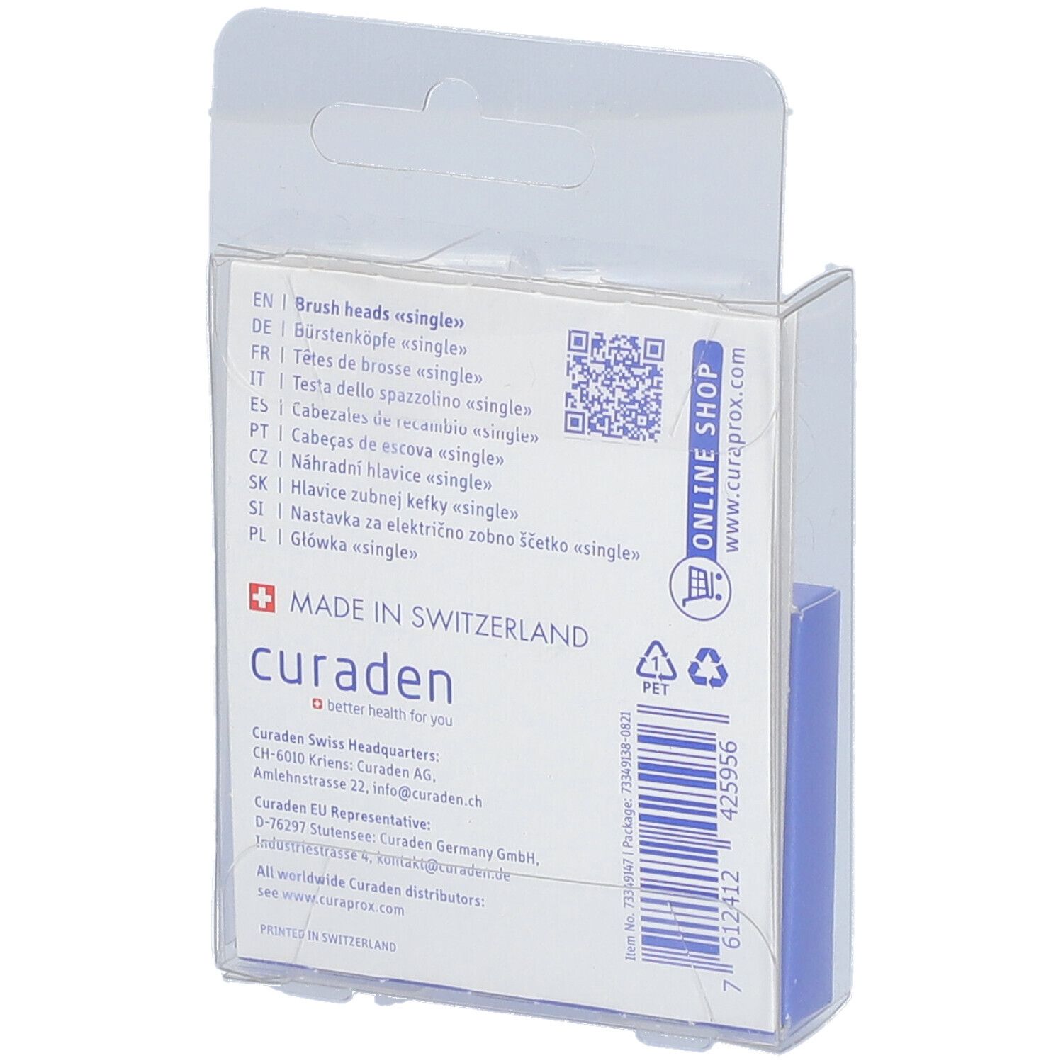 Rückseite der Verpackung mit Text. Enthält Informationen zu Bürstenköpfen, Hersteller und QR-Code.