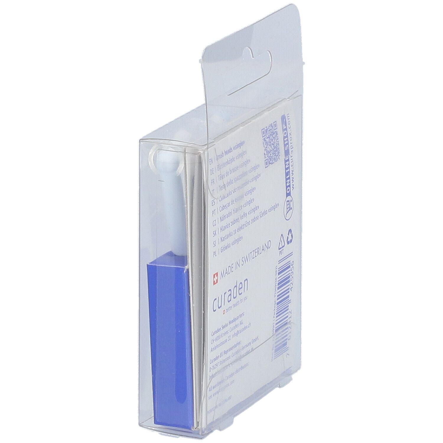 Verpackung mit einem weißen Bürstenkopf. Blaue Karton mit Text, in transparenter Hülle.