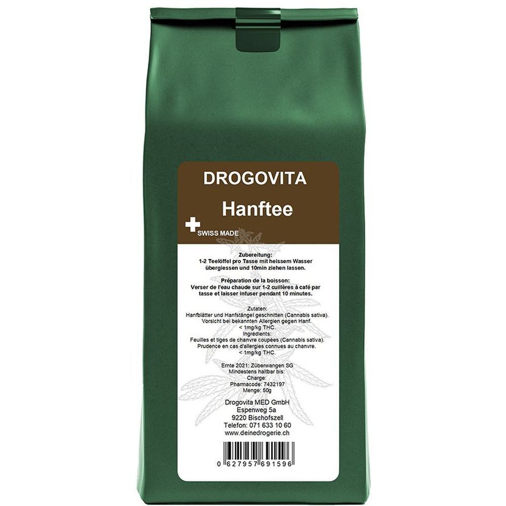 Grüner Beutel mit braunem Etikett. DROGOVITA Hanftee, Swiss Made. Text: Zubereitung, Inhaltsstoffe, Kontaktinformationen.
