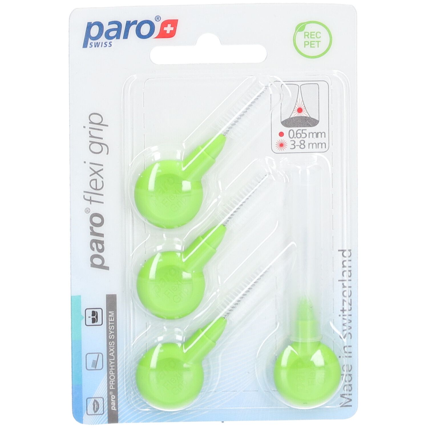 Blisterpackung mit grünen paro® Flexi Grip Interdentalbürsten. 4 Stück, 3-8 mm, 0,65 mm. REC PET.