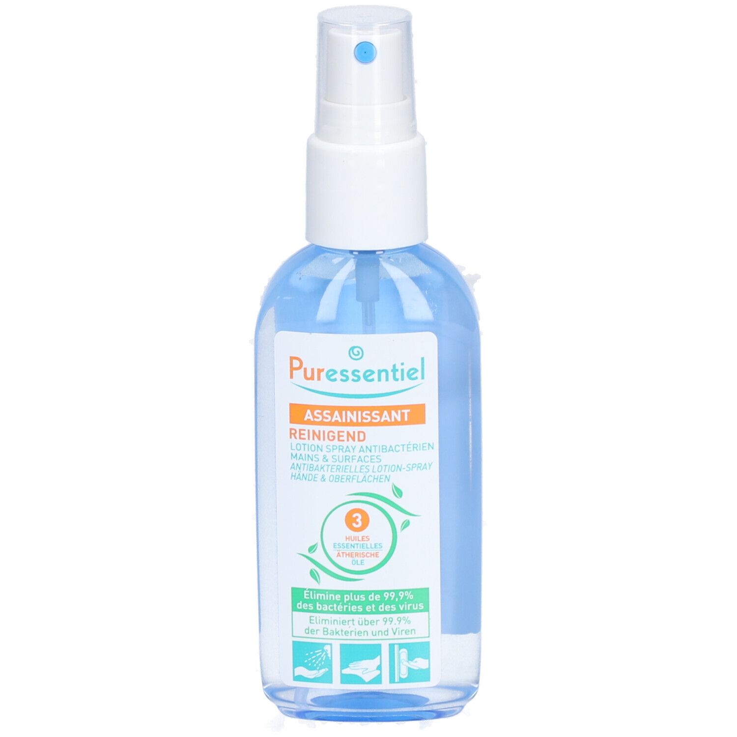 Spray liquide avec tête de pulvérisation blanche. Inscription : ASSAINISSANT, REINIGEND. Élimine 99,9% des bactéries et virus.