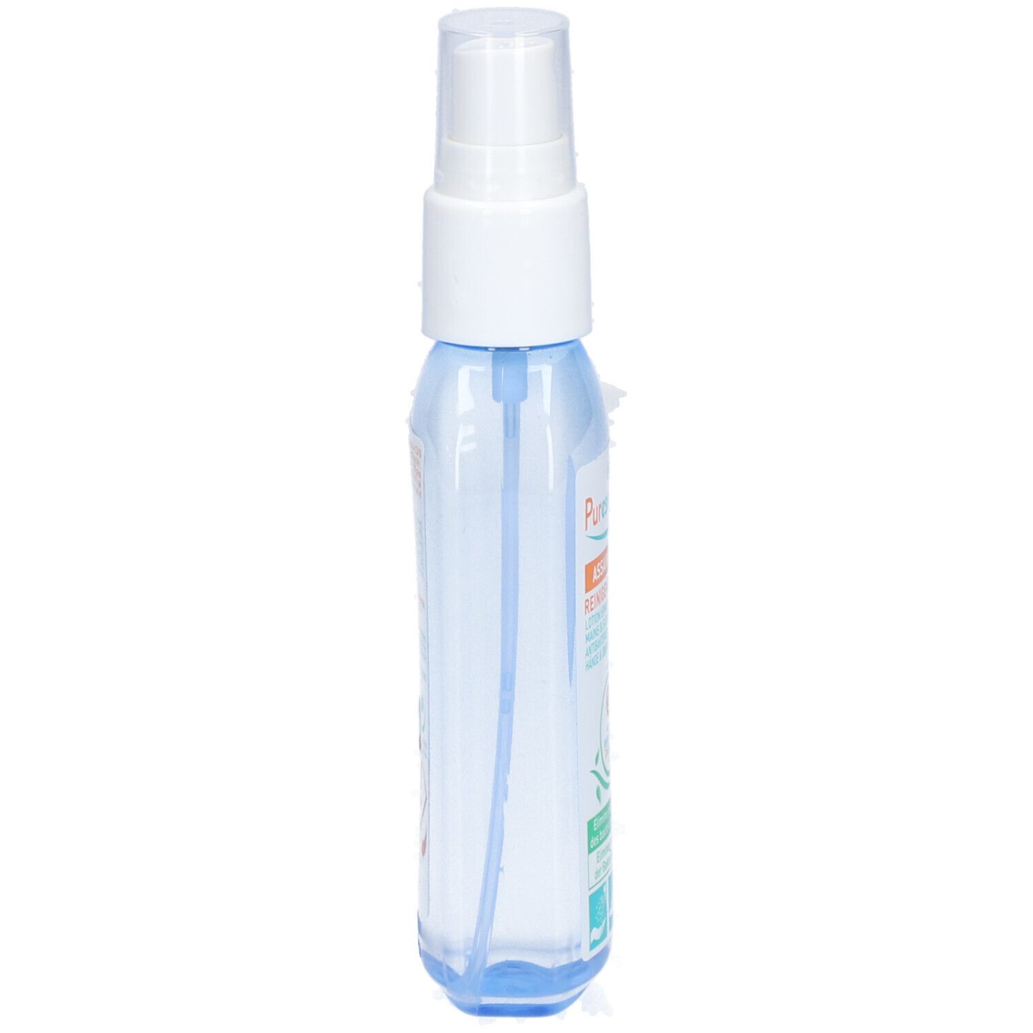 Flacon transparent avec contenu bleu et tête de pulvérisation blanche. Vue latérale. Étiquette avec informations produit.