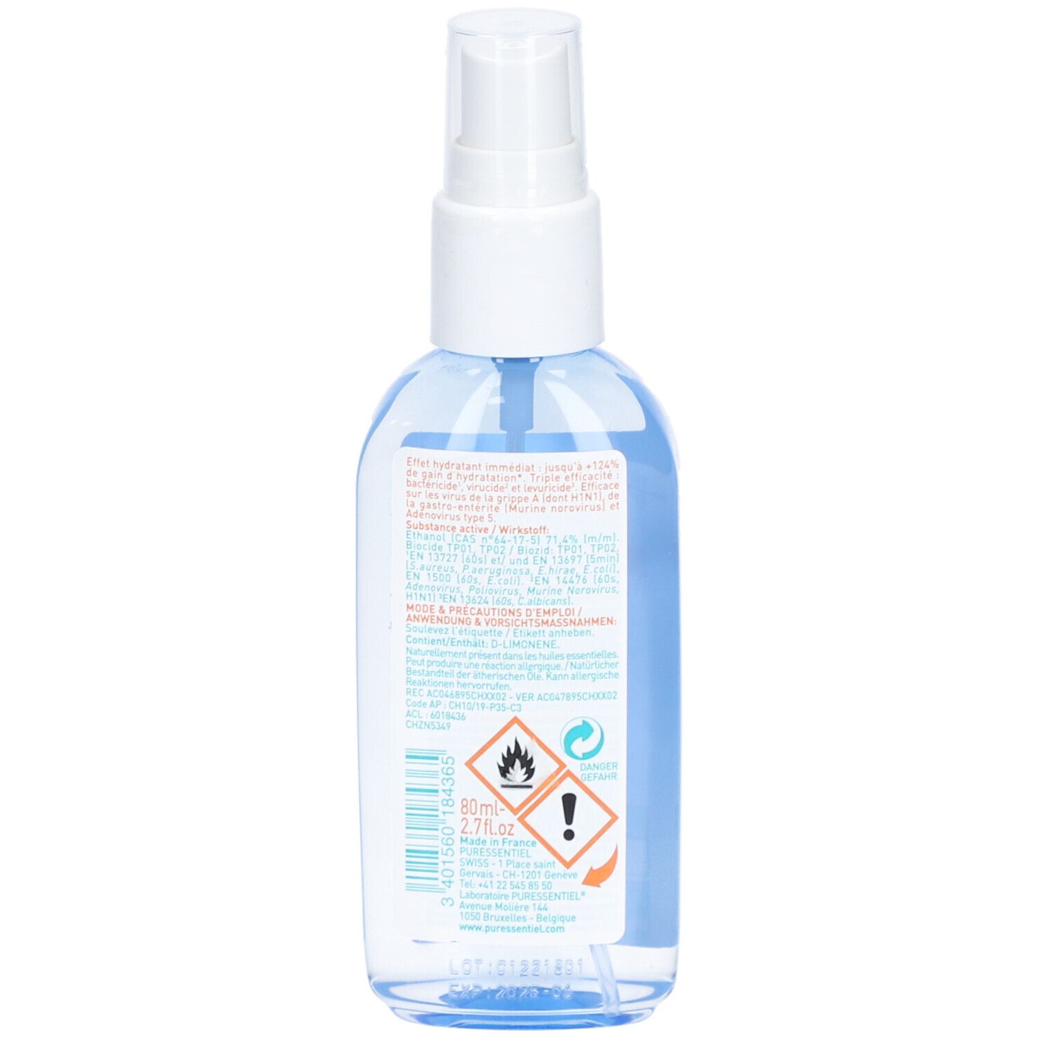 Flacon transparent avec contenu bleu et tête de pulvérisation blanche. Dos avec informations produit et symboles de danger.