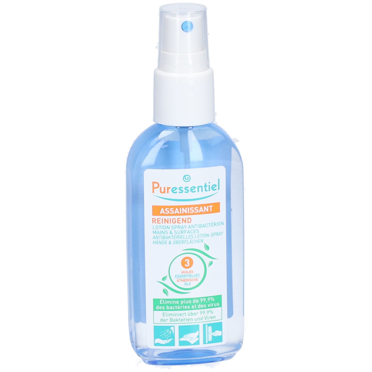 Spray liquide avec tête de pulvérisation blanche. Inscription : ASSAINISSANT, REINIGEND. Élimine 99,9% des bactéries et virus.