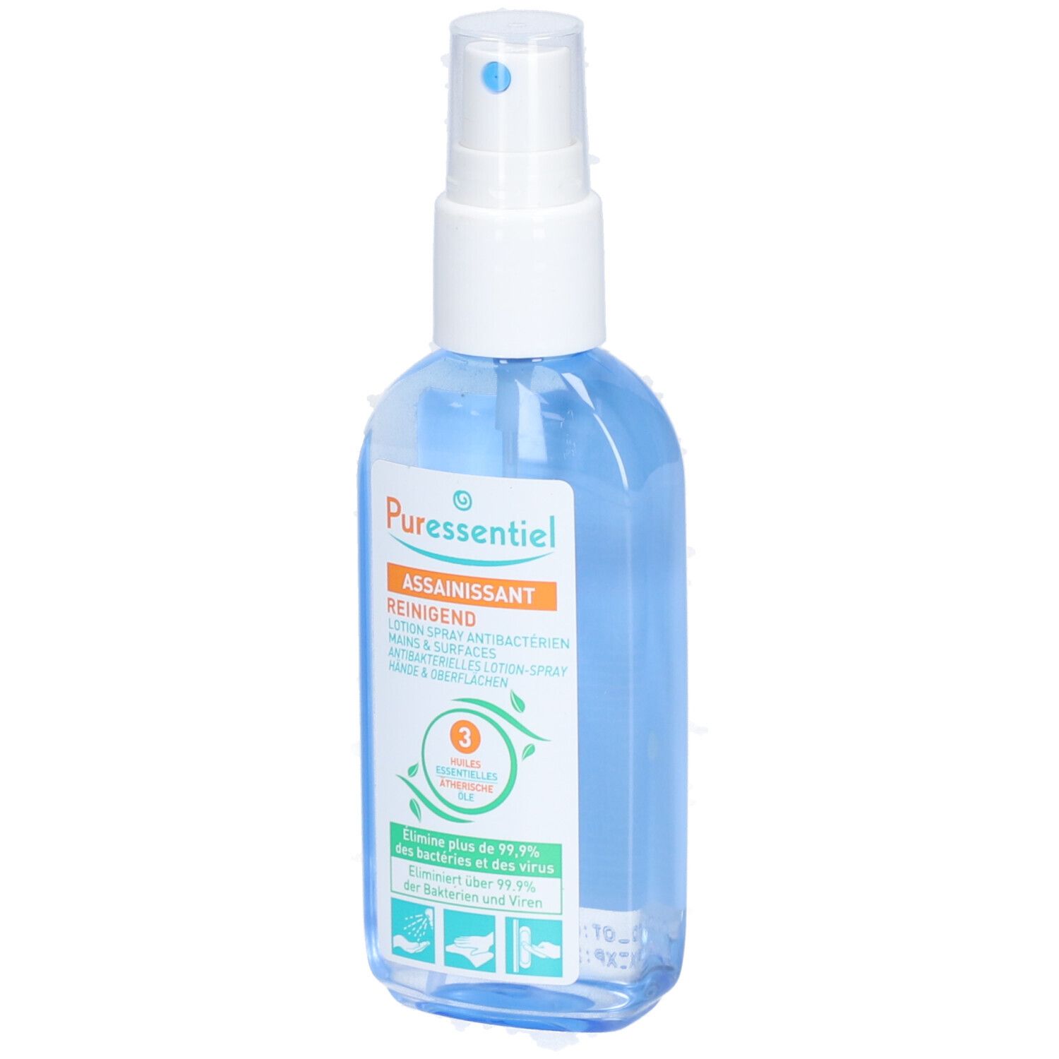 Spray liquide avec tête de pulvérisation blanche. Inscription : ASSAINISSANT, REINIGEND. Élimine 99,9% des bactéries et virus.