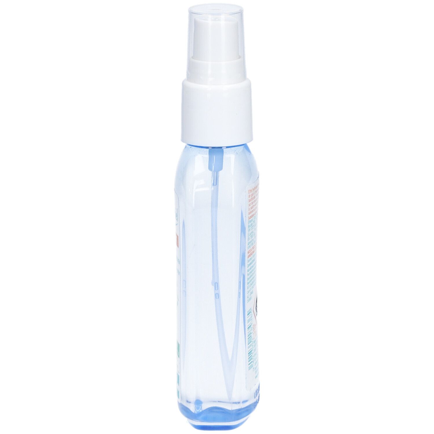 Flacon transparent avec contenu bleu et tête de pulvérisation blanche. Vue latérale. Étiquette avec informations produit.