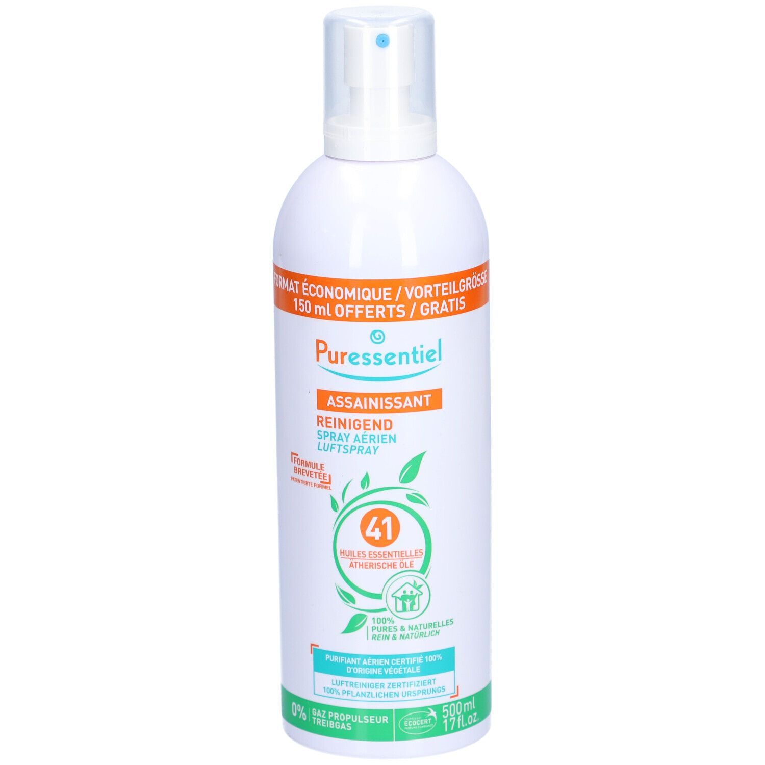 Weiße Sprühflasche mit orangefarbenem Etikett. Text: PURESSENTIEL, ASSAINISSANT, REINIGEND, 41 ätherische Öle. Grün: 100% rein & natürlich.