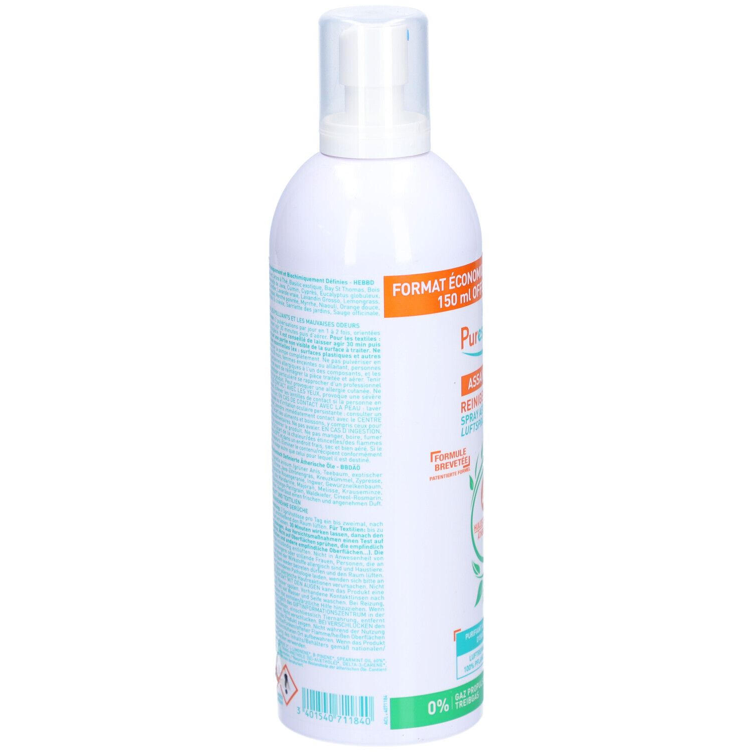 Weiße Sprühflasche, Seitenansicht. Text auf Etikett. Warnhinweise und Piktogramme. 0% Treibgas. 500ml/17 fl.oz.
