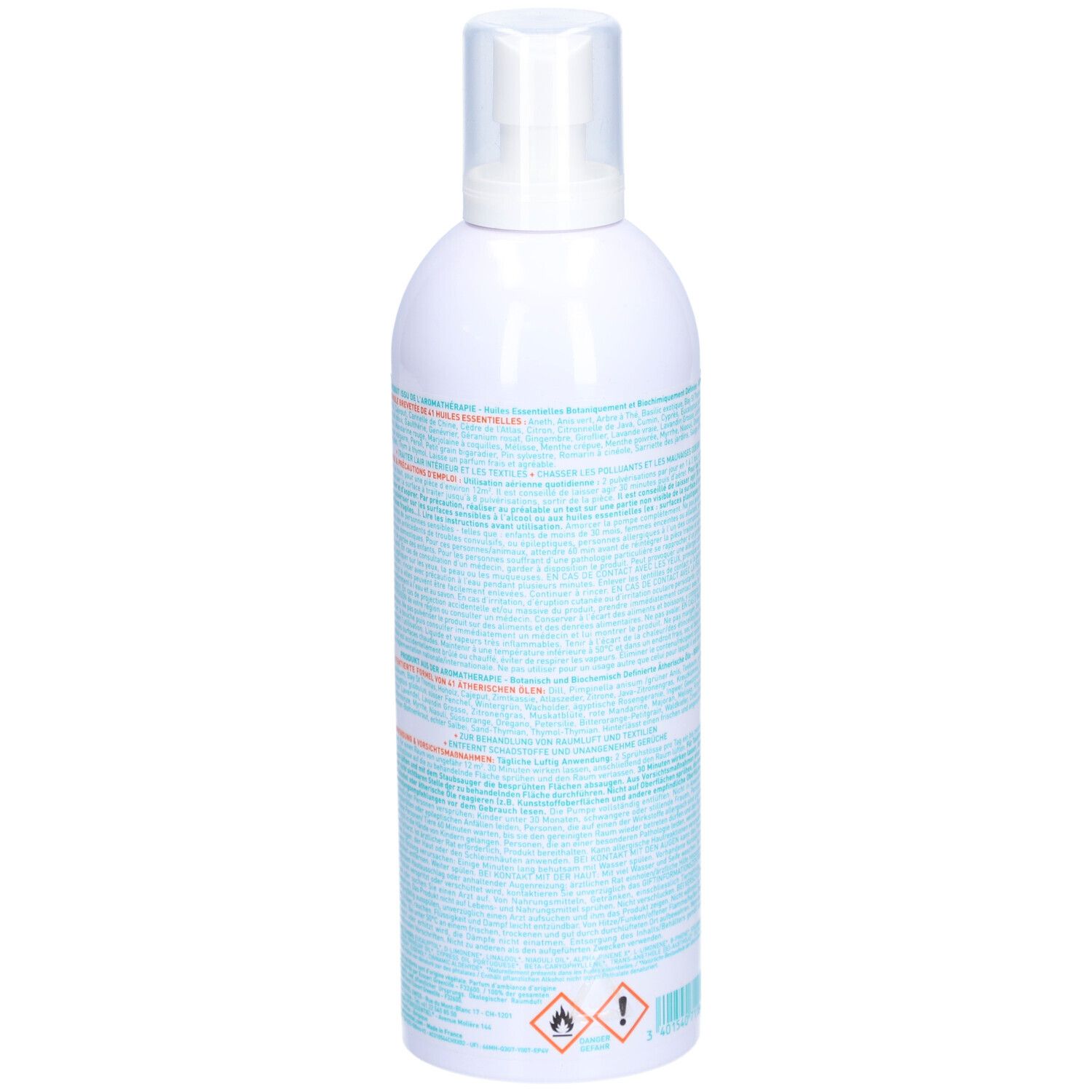 Weiße Sprühflasche, Seitenansicht. Text auf Etikett. Warnhinweise und Piktogramme. 0% Treibgas. 500ml/17 fl.oz.