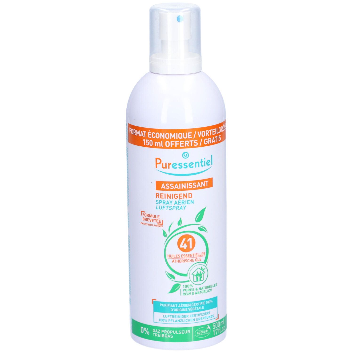 Weiße Sprühflasche mit orangefarbenem Etikett. Text: PURESSENTIEL, ASSAINISSANT, REINIGEND, 41 ätherische Öle. Grün: 100% rein & natürlich.