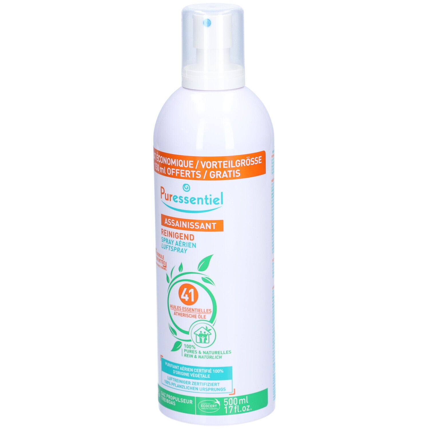 Weiße Sprühflasche mit orangefarbenem Etikett. Text: PURESSENTIEL, ASSAINISSANT, REINIGEND, 41 ätherische Öle. Grün: 100% rein & natürlich.