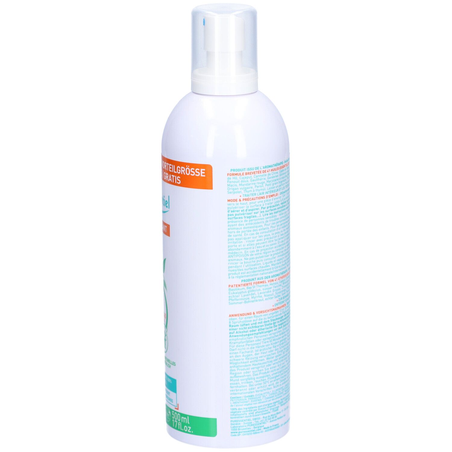 Weiße Sprühflasche, Seitenansicht. Text auf Etikett. Warnhinweise und Piktogramme. 0% Treibgas. 500ml/17 fl.oz.