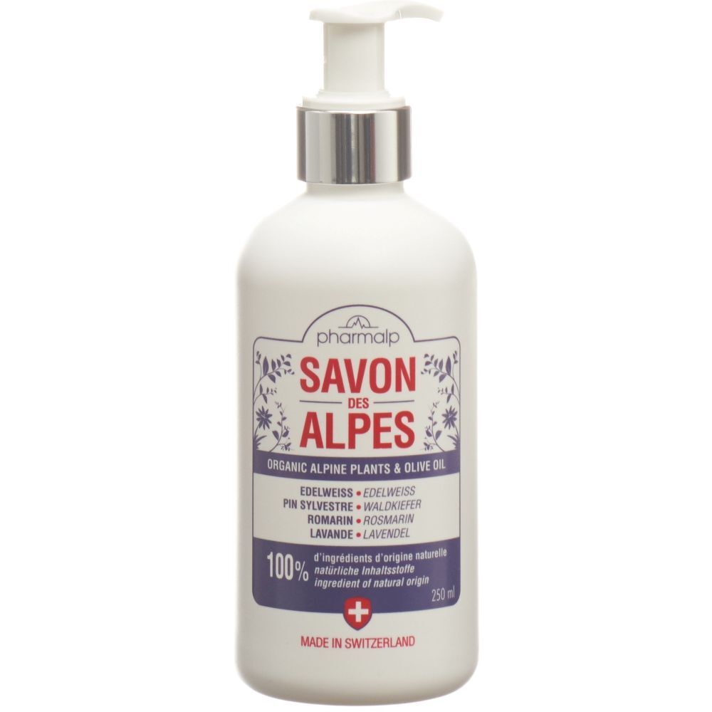 Flacon blanc avec pompe. Inscription: PHARMALP SAVON DES ALPES. Ingrédients: plantes alpines et huile d'olive.