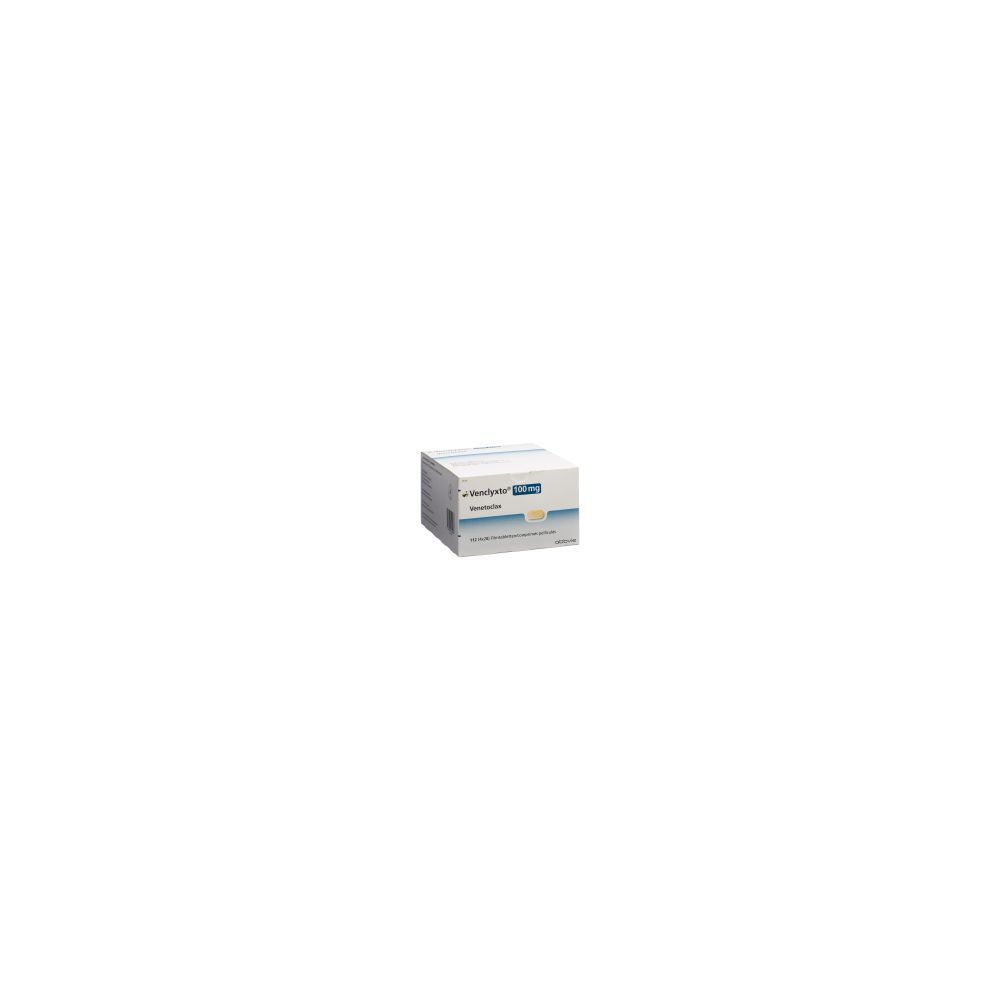 Boîte de médicament. Inscription : Venclyxto Filmtabl 100 mg. Emballage blanc et bleu.