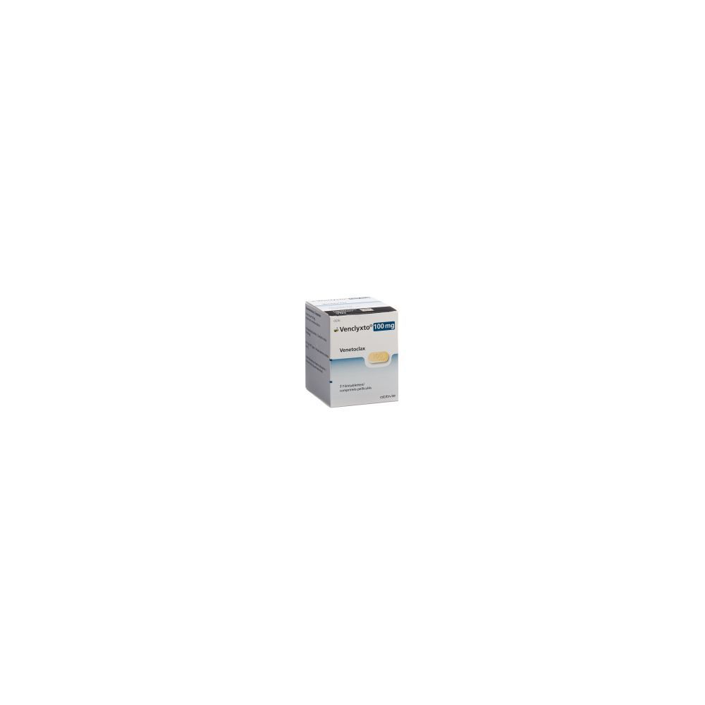 Boîte de VENCLYXTO Filmtabl 100 mg. Inscription : 7 pièces. Blanc, bleu et jaune. Forme rectangulaire. Emballage du produit.