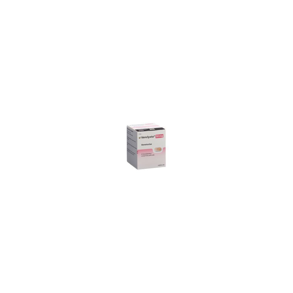 Karton mit VENCLYXTO Filmtabl 50 mg. Aufschrift: 7 Stk. Rosa und weiße Verpackung. Produktname und Dosierung deutlich sichtbar.