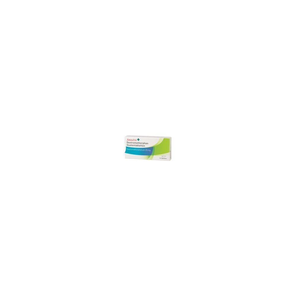 Schachtel mit AMAVITA Dextromethorphan Hustentabletten. Grün, weiß und blau. Text: Dextromethorphan Hustentabletten 16 Stk.