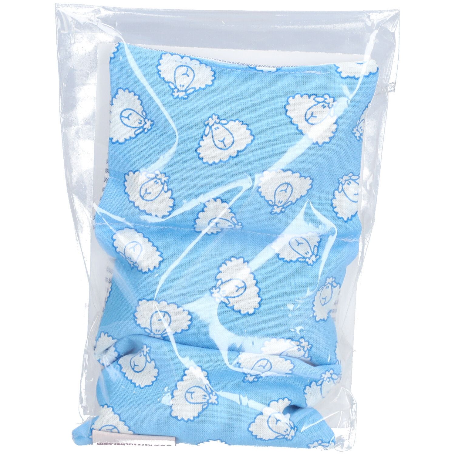 Blaues Kissen mit Schafmuster in transparenter Verpackung.