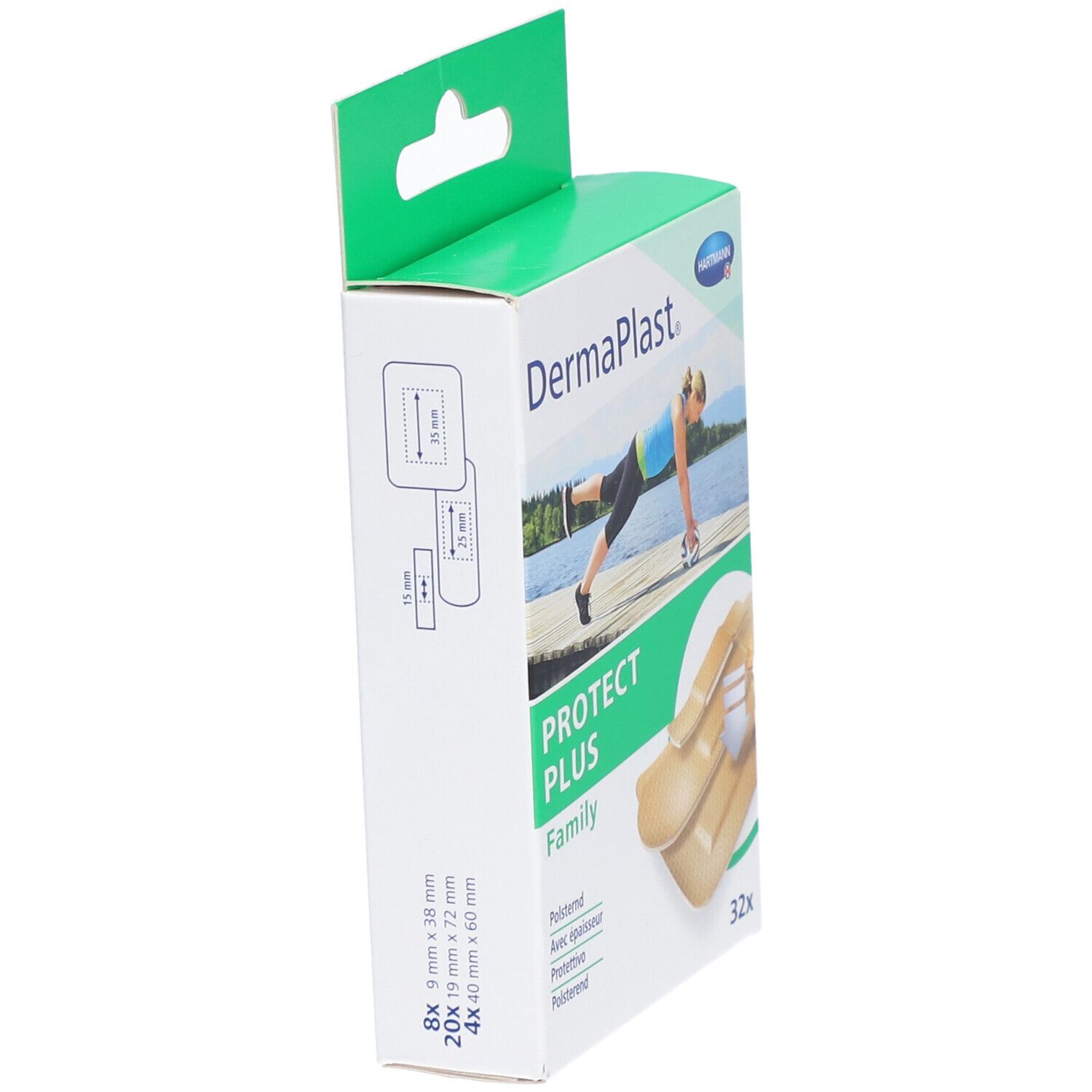 Dermaplast Protect Plus Family Verpackung, Seitenansicht. Zeigt Größenangaben und Produktabbildung. Grün-weißes Design.