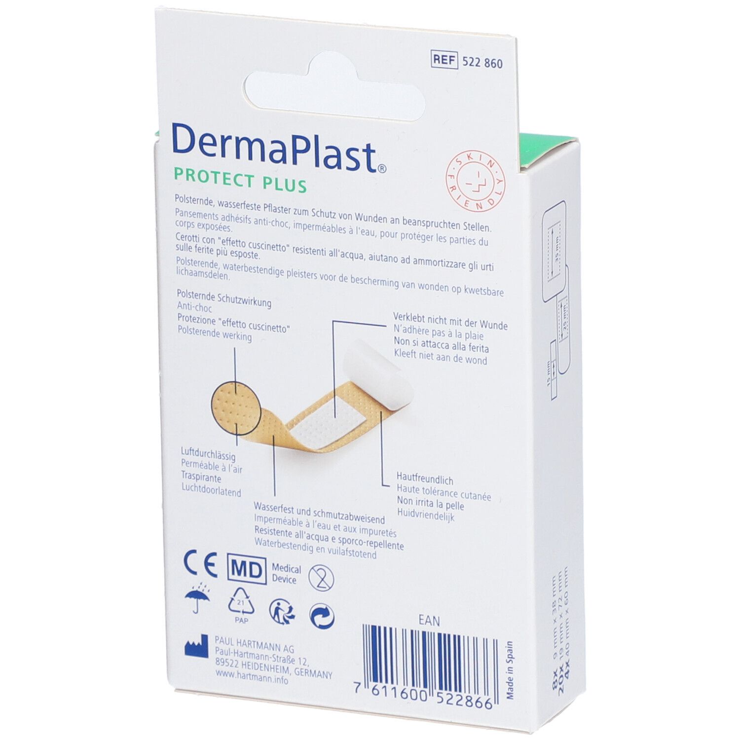Rückseite der Dermaplast Protect Plus Family Verpackung. Produktinformationen, Inhaltsstoffe und Zertifizierungen. Weißes Design.
