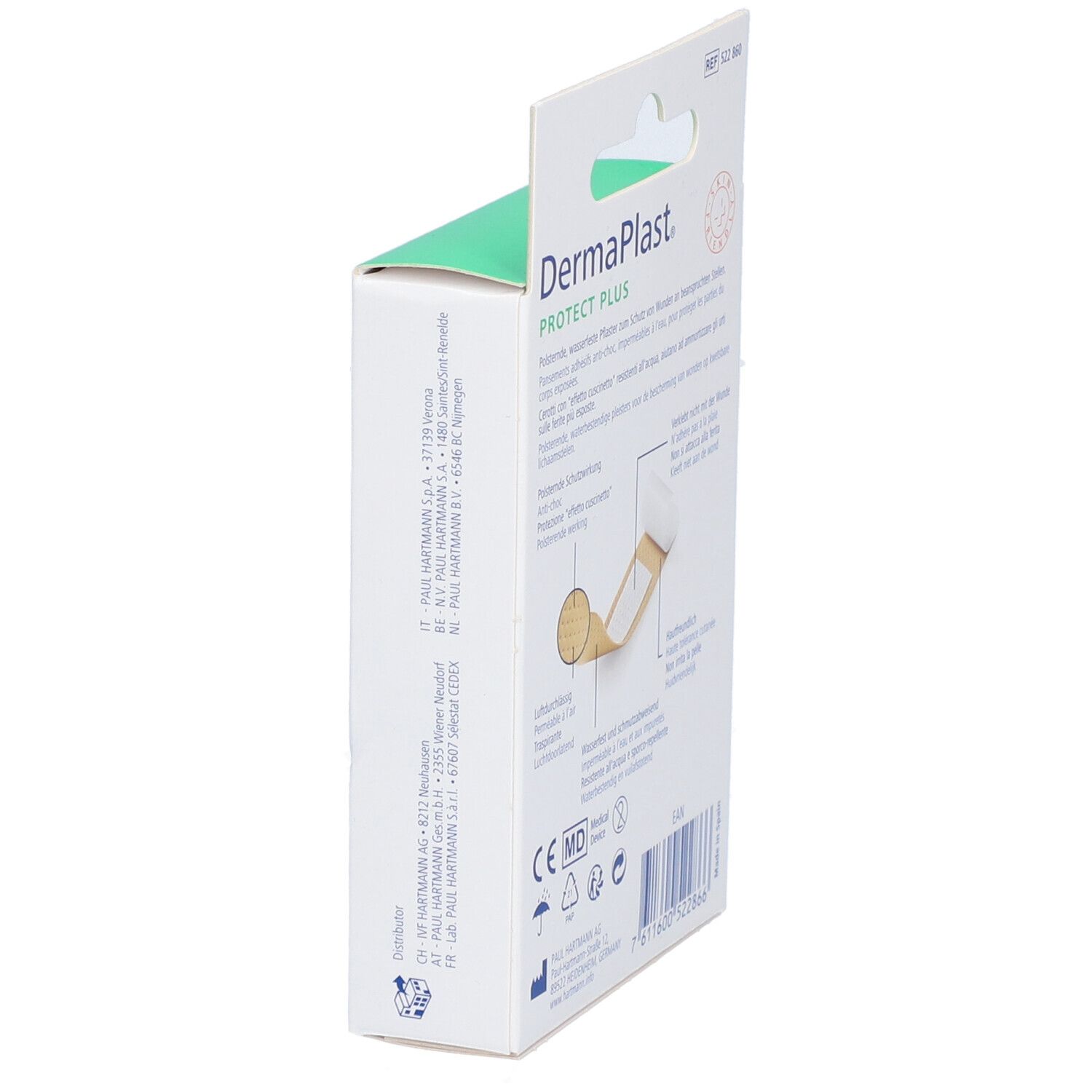 Dermaplast Protect Plus Family Verpackung, Seitenansicht. Zeigt Produktabbildung und Logo. Grün-weißes Design.