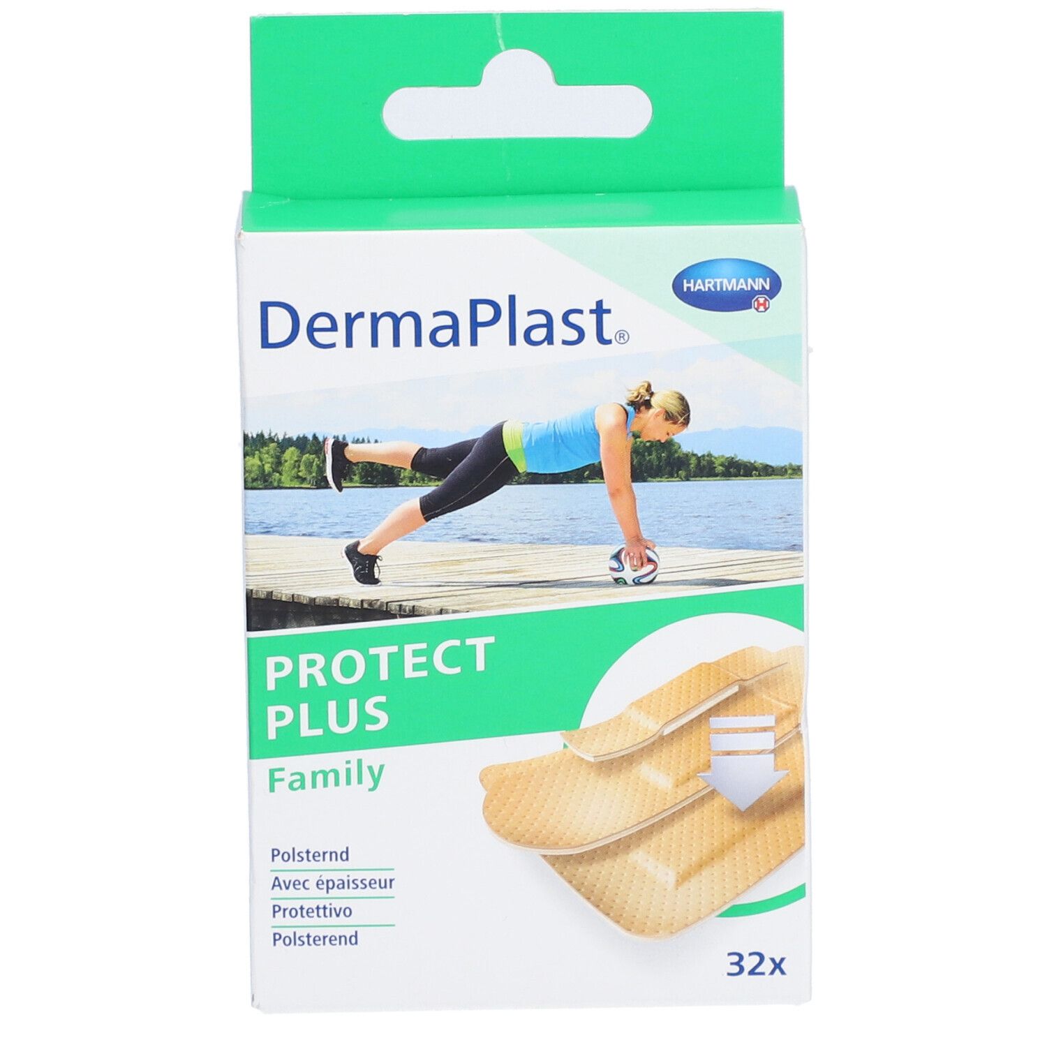 Verpackung von Dermaplast Protect Plus Family Pflastern. Grün-weißes Design mit Produktabbildung und Logo. 32 Stück.