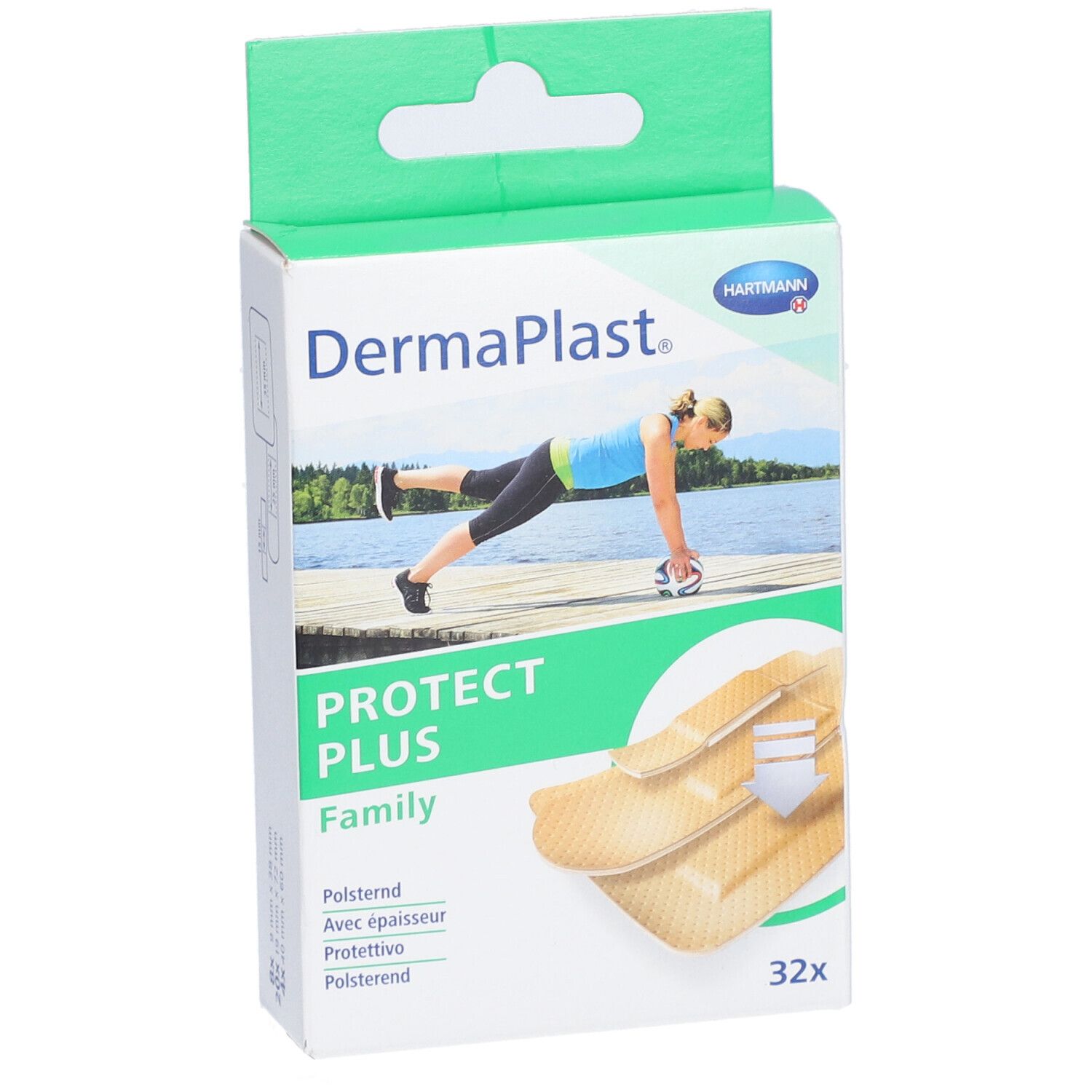 Verpackung von Dermaplast Protect Plus Family Pflastern. Grün-weißes Design mit Produktabbildung und Logo. 32 Stück.