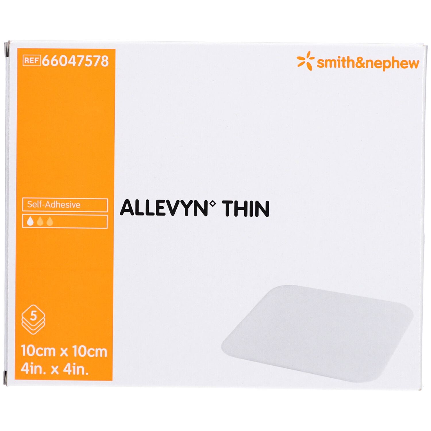 Emballage de pansements ALLEVYN THIN. Carré, 10 x 10 cm. Contient 5 pièces. Bande orange avec informations produit.