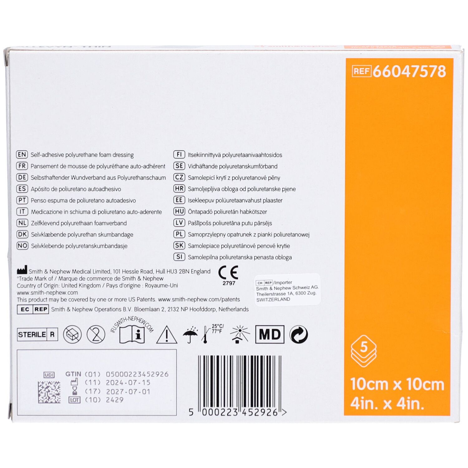 Dos de l'emballage ALLEVYN THIN. Informations produit, fabricant, numéro de lot et indication de taille 10 x 10 cm.