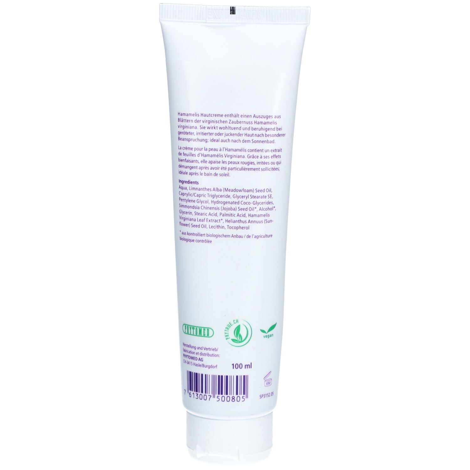 Rückseite der Creme-Tube mit Text, Inhaltsstoffen und Logo. Vegan-Siegel.