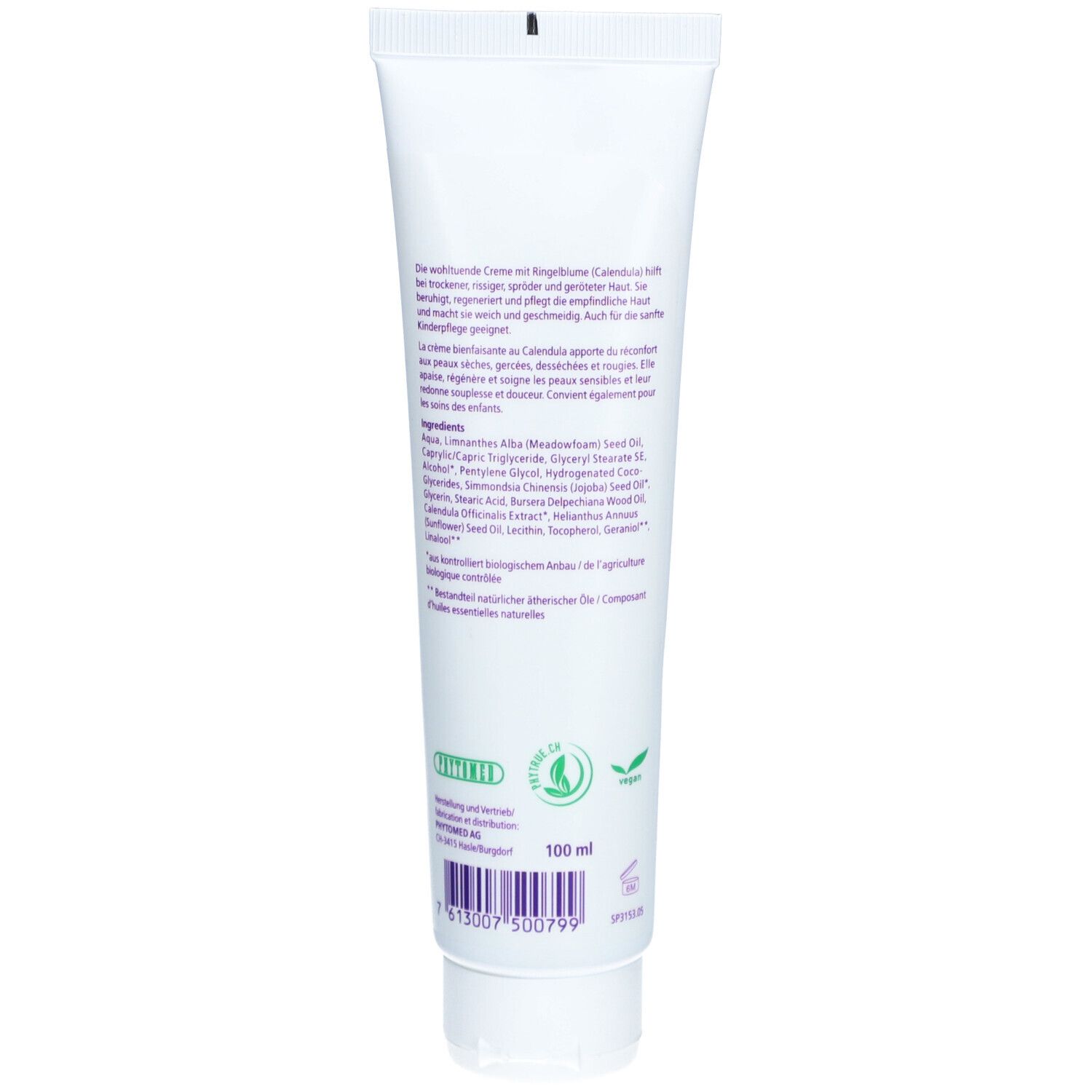 Rückseite der weißen Tube. Text mit Inhaltsstoffen und Anweisungen. Vegan-Logo und Naturkosmetik-Siegel.