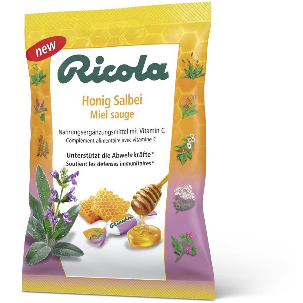 Beutel mit Ricola Honig Salbei Bonbons. Aufdruck mit Kräutern, Honigwabe und Löffel. Text: Nahrungsergänzungsmittel mit Vitamin C.