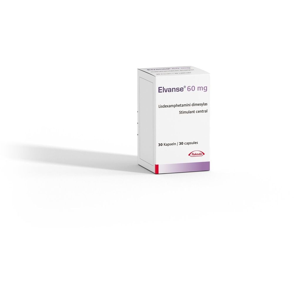 Weiße Schachtel mit Aufschrift Elvanse 60 mg. Enthält 30 Kapseln. Rote und violette Akzente. Produktname und Dosierung deutlich sichtbar.
