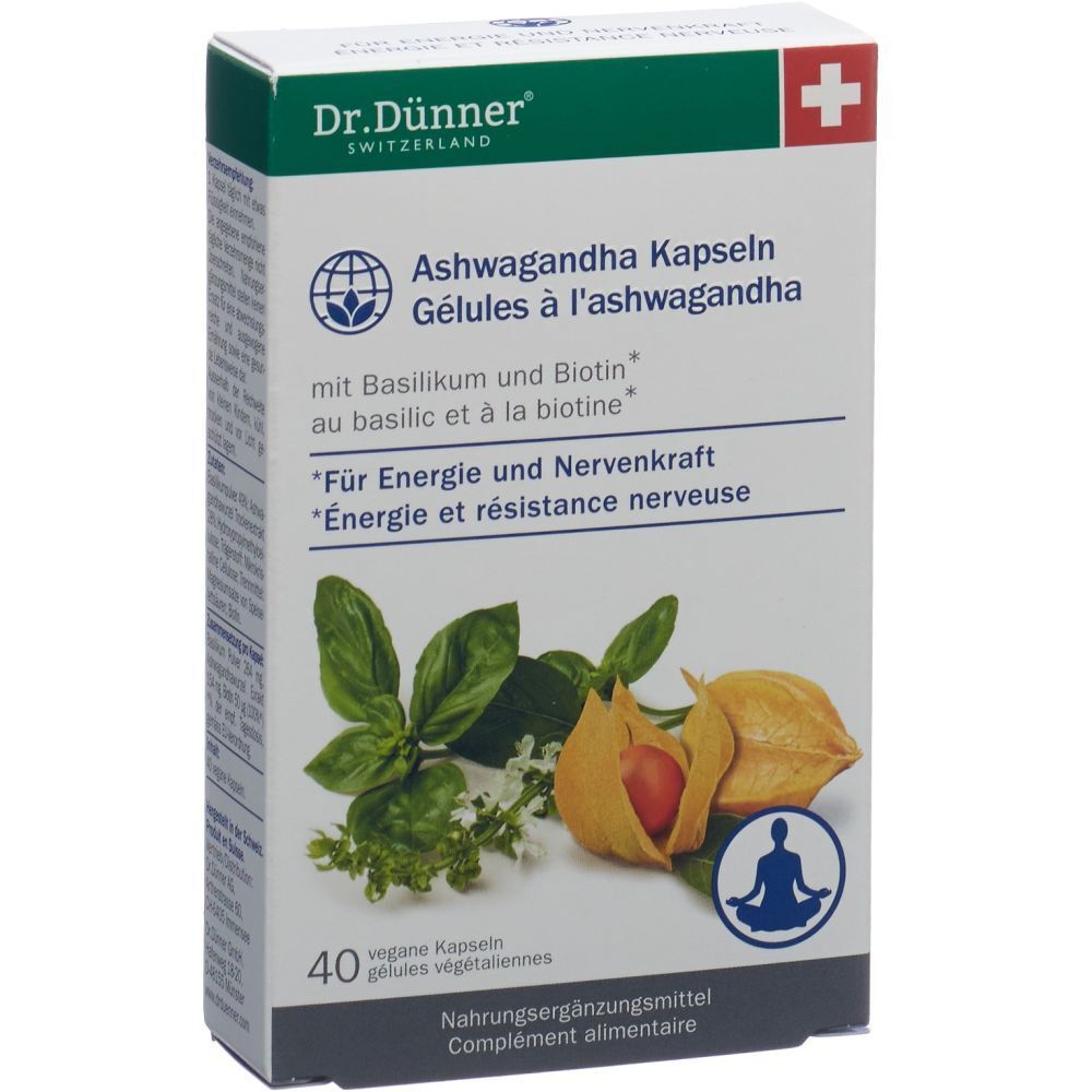 Schachtel mit Dr. Dünner Ashwagandha Kapseln. Enthält 40 vegane Kapseln. Mit Basilikum und Biotin. Nahrungsergänzungsmittel.