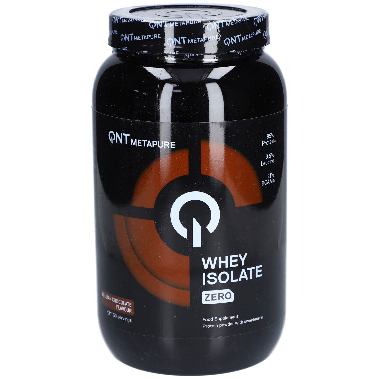 Schwarze Dose mit QNT Metapure Whey Isolate. Aufschrift: Zero, belgische Schokoladen-Geschmack, 30 Portionen.