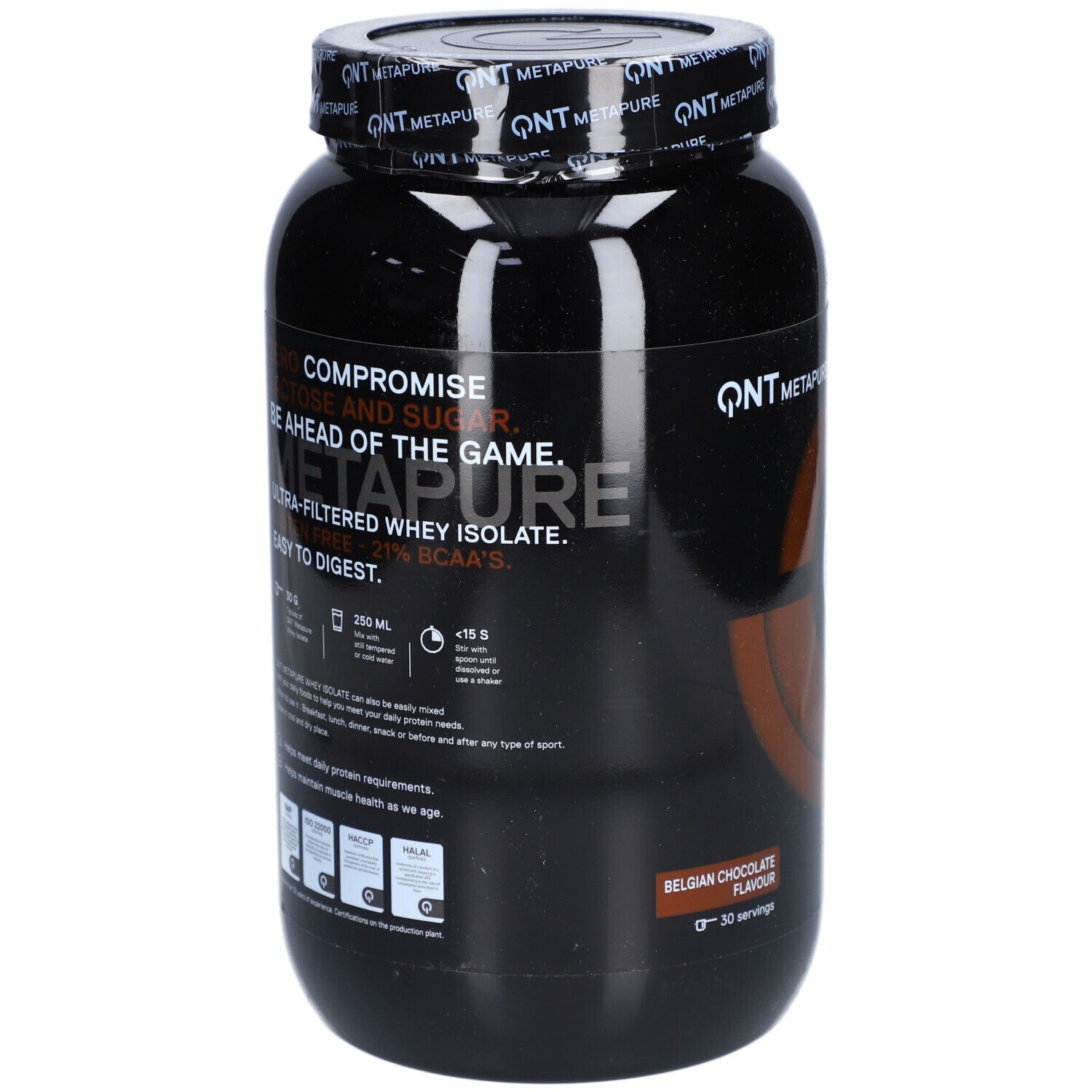 Schwarze Dose QNT Metapure Whey Isolate. Text: Kompromiss, ohne Zucker, dem Spiel voraus. Ultra-filtriertes Molkenprotein-Isolat.