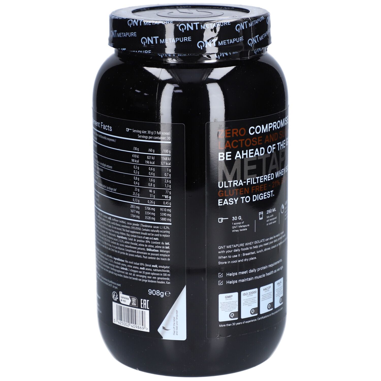 Rückseite einer schwarzen Dose QNT Metapure Whey Isolate. Enthält Nährwertangaben, Zutatenliste und Zertifizierungen.