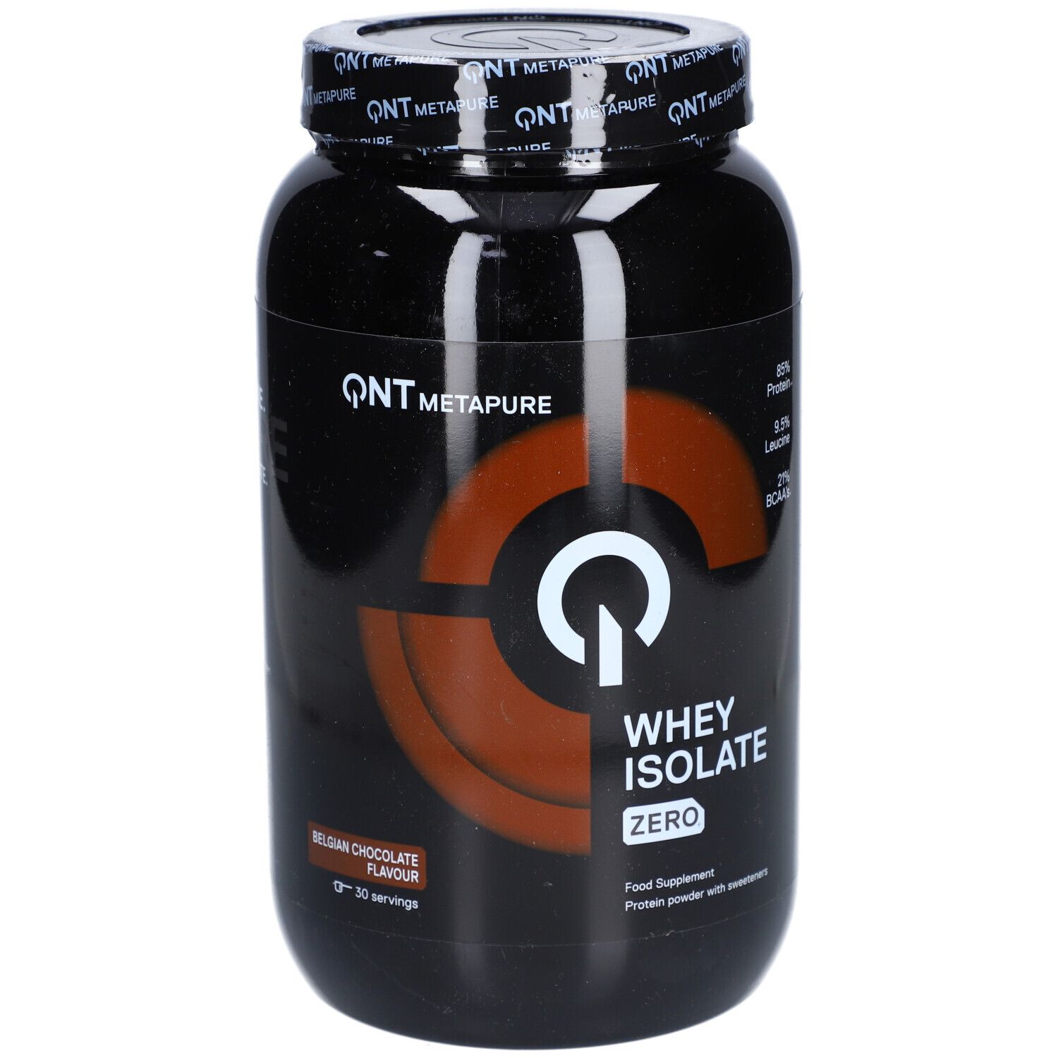 Schwarze Dose QNT Metapure Whey Isolate. Aufschrift: Zero, belgische Schokoladen-Geschmack, 30 Portionen. Logo QNT.