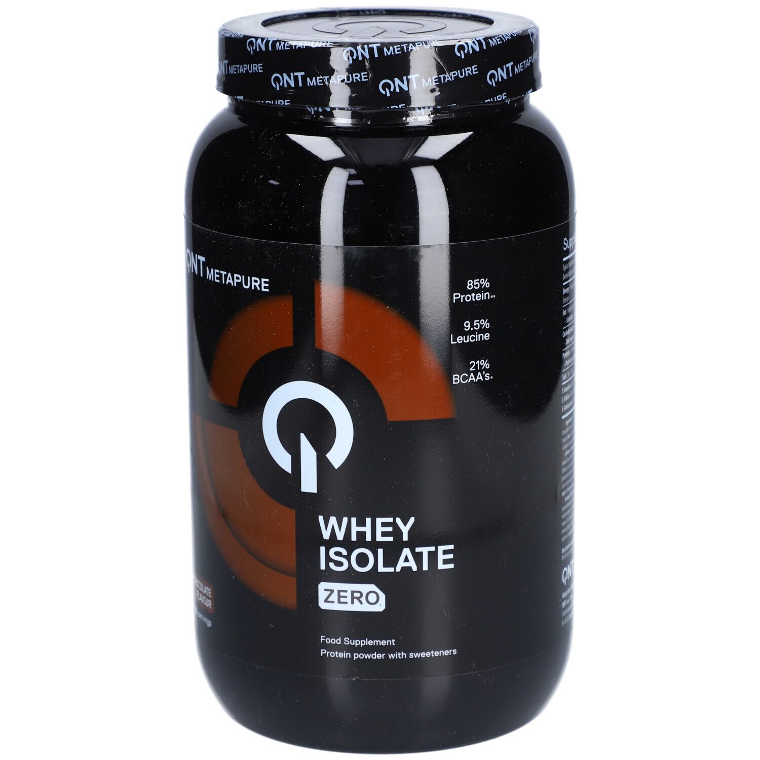 Schwarze Dose QNT Metapure Whey Isolate. Aufschrift: Zero, 85% Protein, 9,5% Leucin, 21% BCAAs.