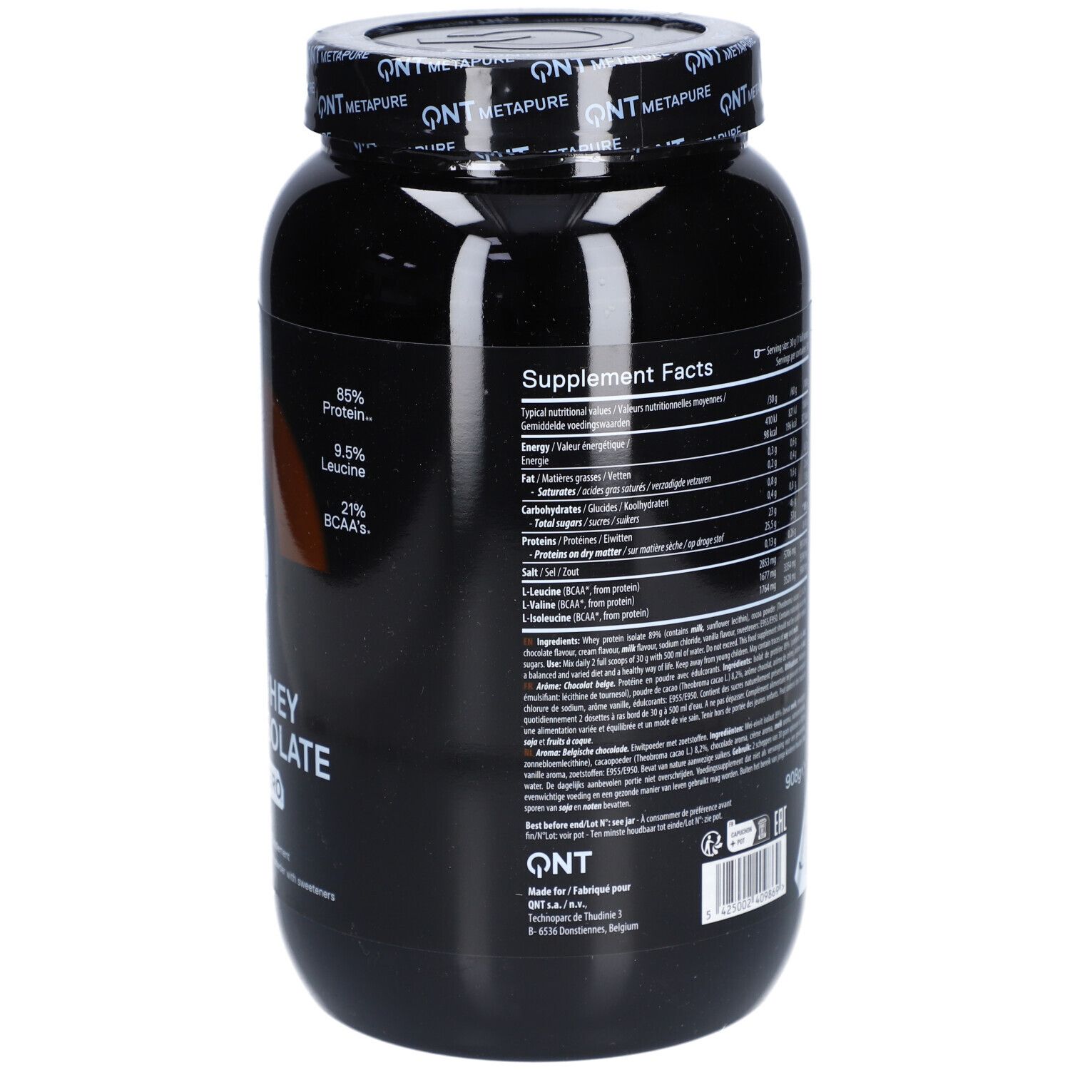 Rückseite einer schwarzen Dose QNT Metapure Whey Isolate. Enthält Nährwertangaben und Zutatenliste.