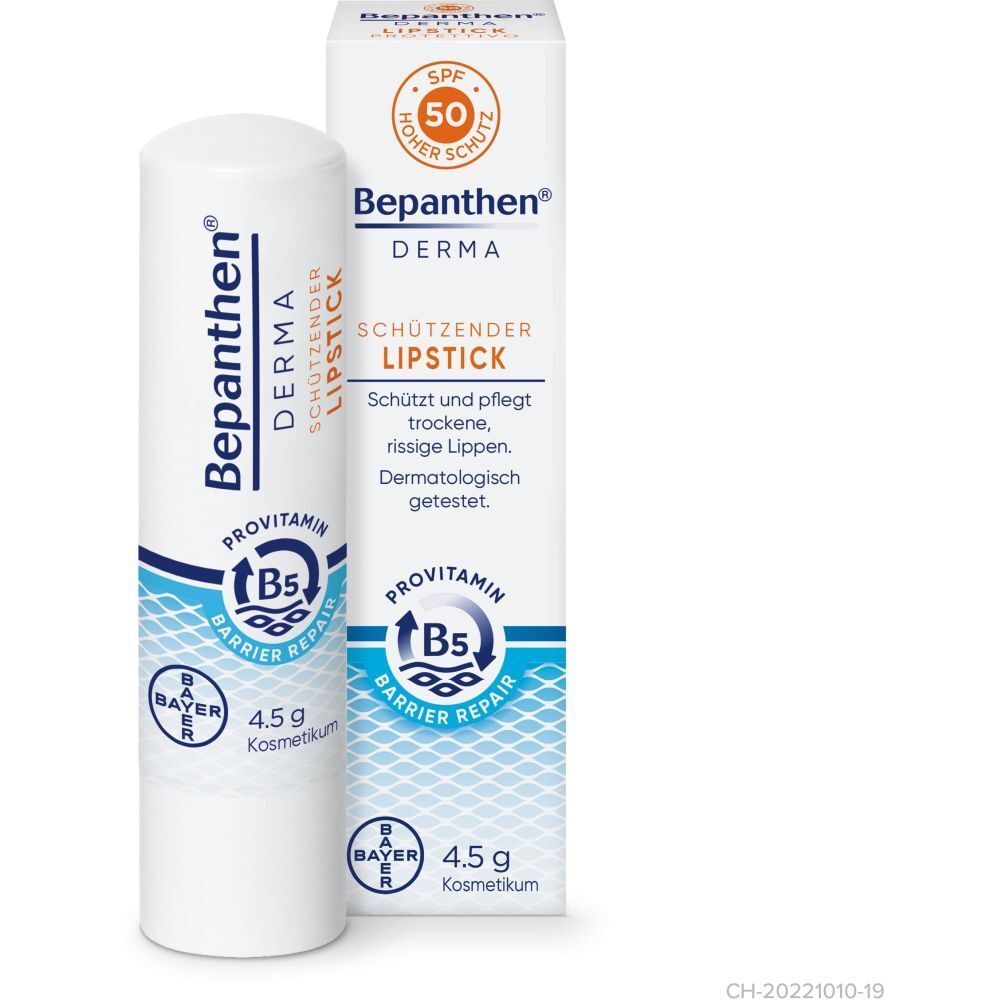 Weißer Lippenpflegestift mit blauer und orangefarbener Beschriftung. Aufschrift: Bepanthen DERMA, SPF 50, 4,5 g.