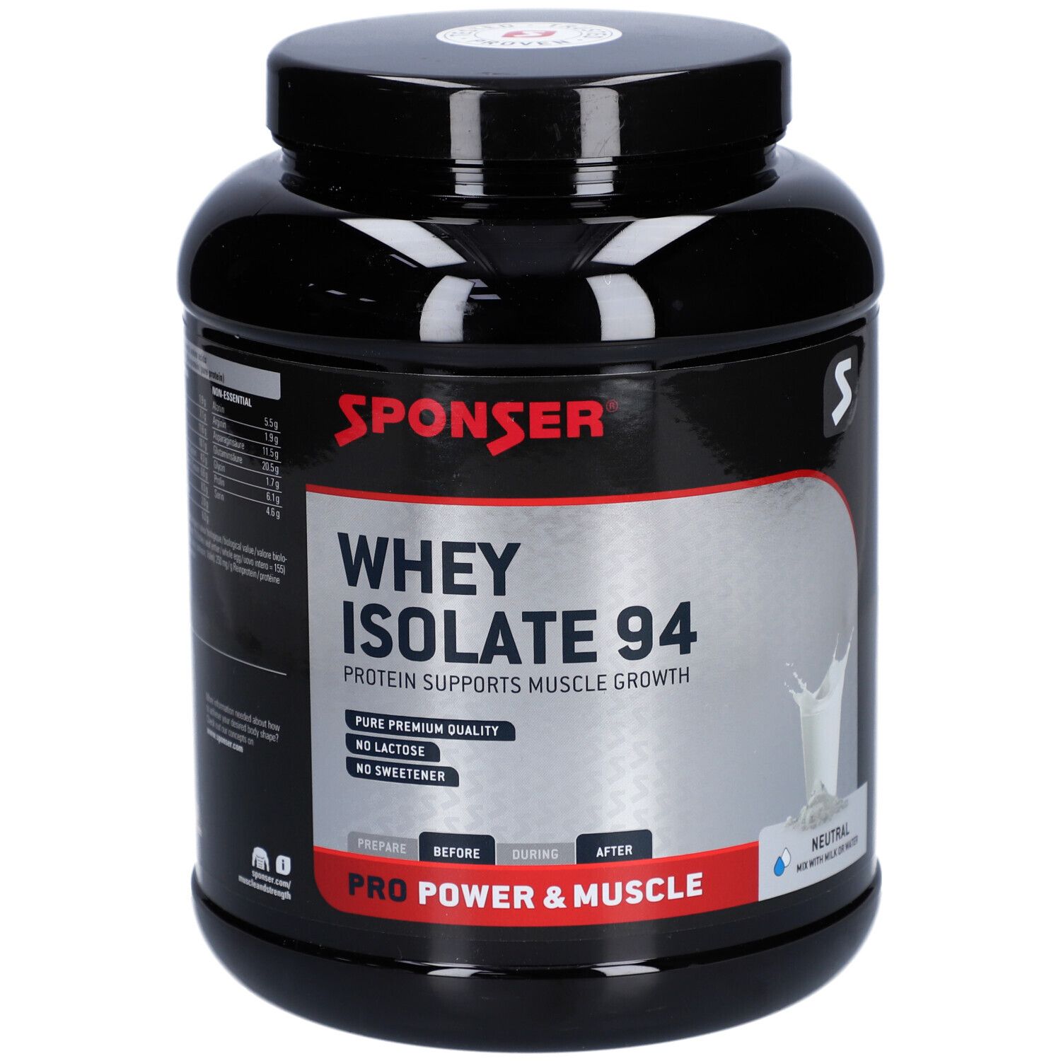 Pot noir SPONSER Whey Isolate 94. Informations sur la croissance musculaire et les ingrédients.